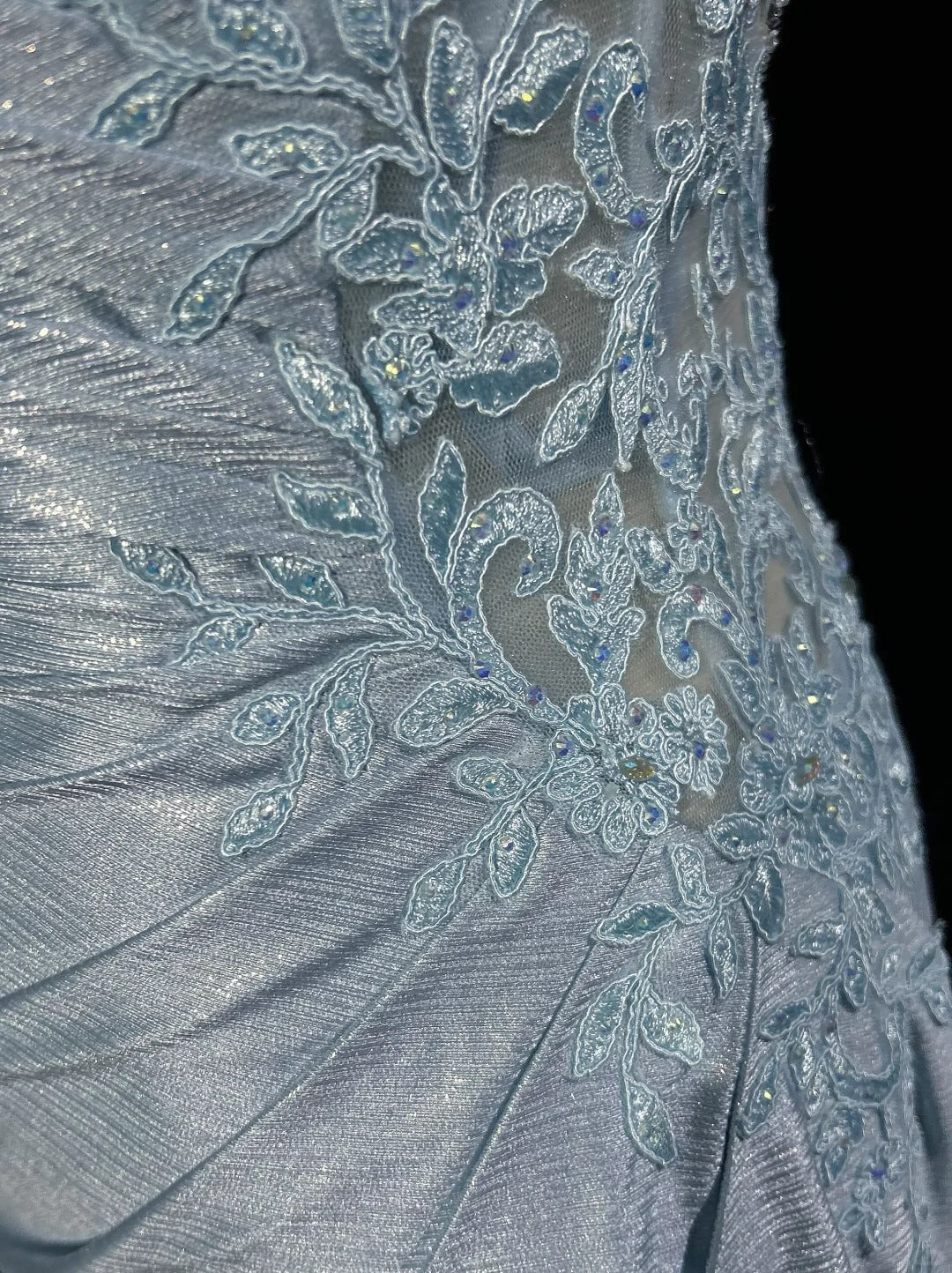 Robes de Bal Modestes Sirène à Bretelles Fines Bleu Ciel Clair avec Appliques Tenues de Soirée N3690