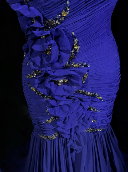Robes de Bal Vintage Sirène Asymétrique Bleu Royal Mousseline de Soie avec Perles Fleurs 3D Robe Longue de Soirée N2458
