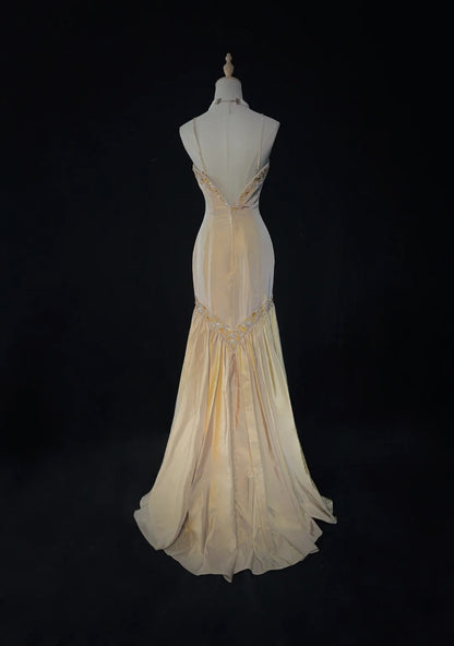Robes de bal vintage, inspiration sirène, fines bretelles, taffetas jaune, longues années 1990, avec perles, robes de soirée N3328