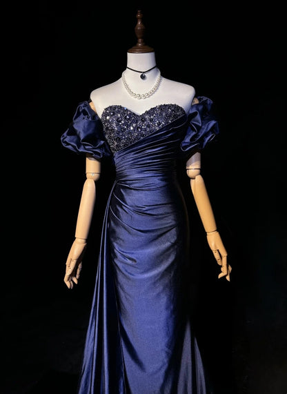 Vintage Prom Dresses Mermaid Sweetheart Navy Blue Satin With Beaded Sleeves 90s Long Formal Evening Gown N2657