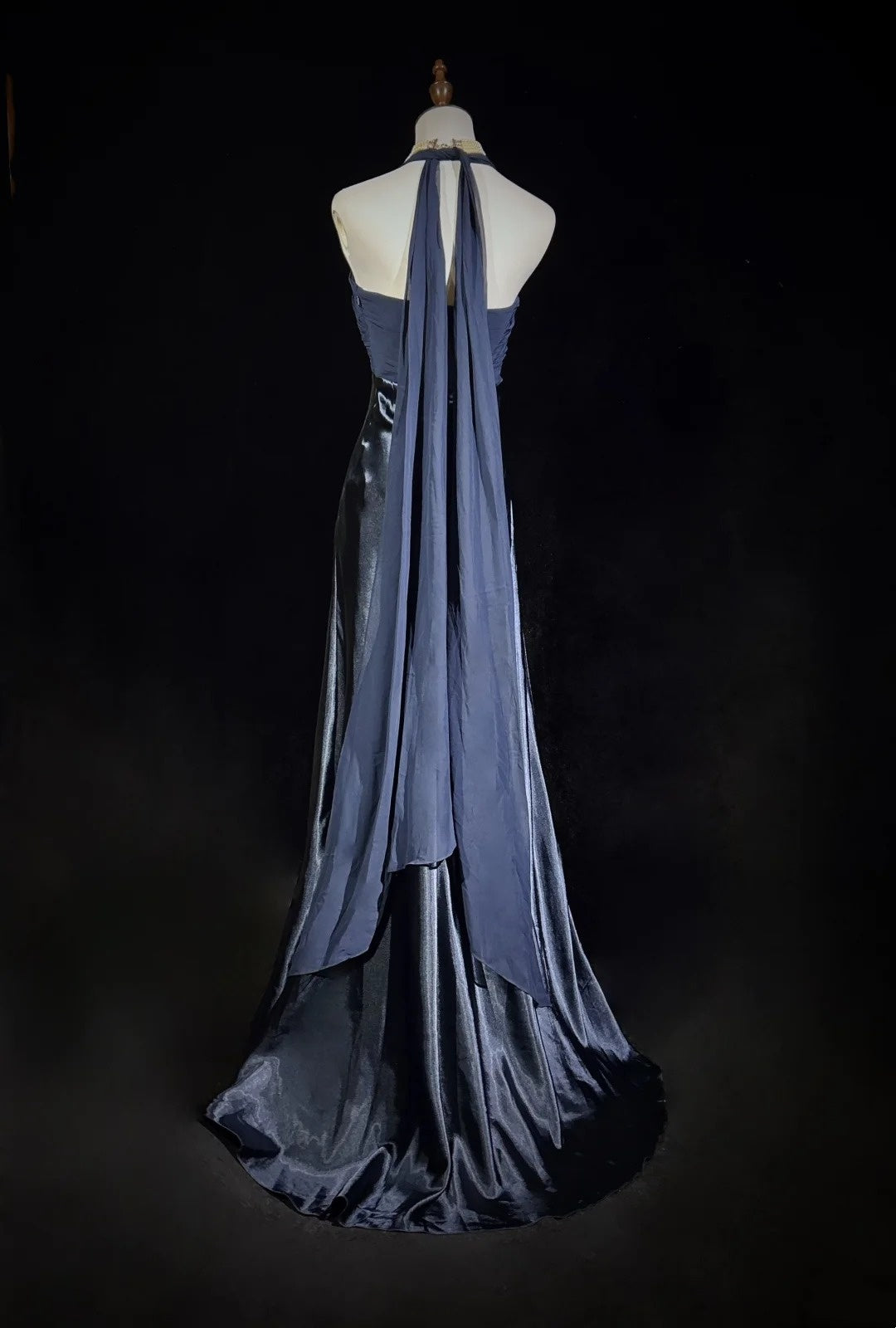 Vintage Abschlussballkleider Meerjungfrau Neckholder Marineblau Chiffon Satin 1990er Festliches Abendkleid N2655
