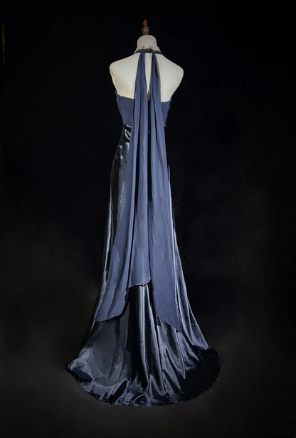 Vintage Abschlussballkleider Meerjungfrau Neckholder Marineblau Chiffon Satin 1990er Festliches Abendkleid N2655