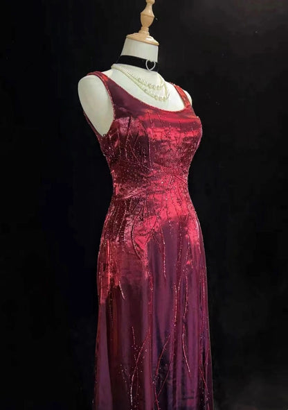 Vintage Prom-Kleider A-Linie Quadratisch Burgund mit Glitzer Perlen 80er Abendkleid Formell RB3278