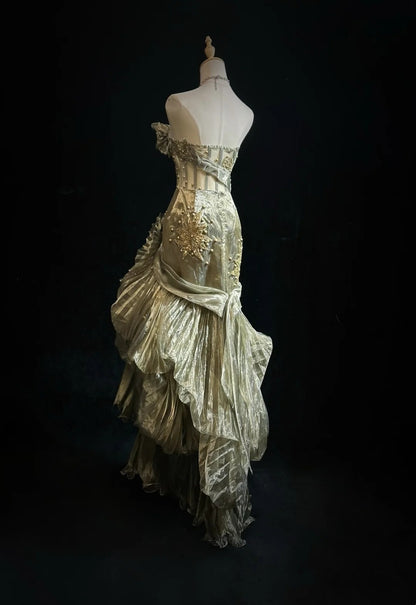 Robes de bal gothiques glamour Robes de soirée sirène sans bretelles en organza vert sans manches avec volants Robe de soirée semi-formelle N3795