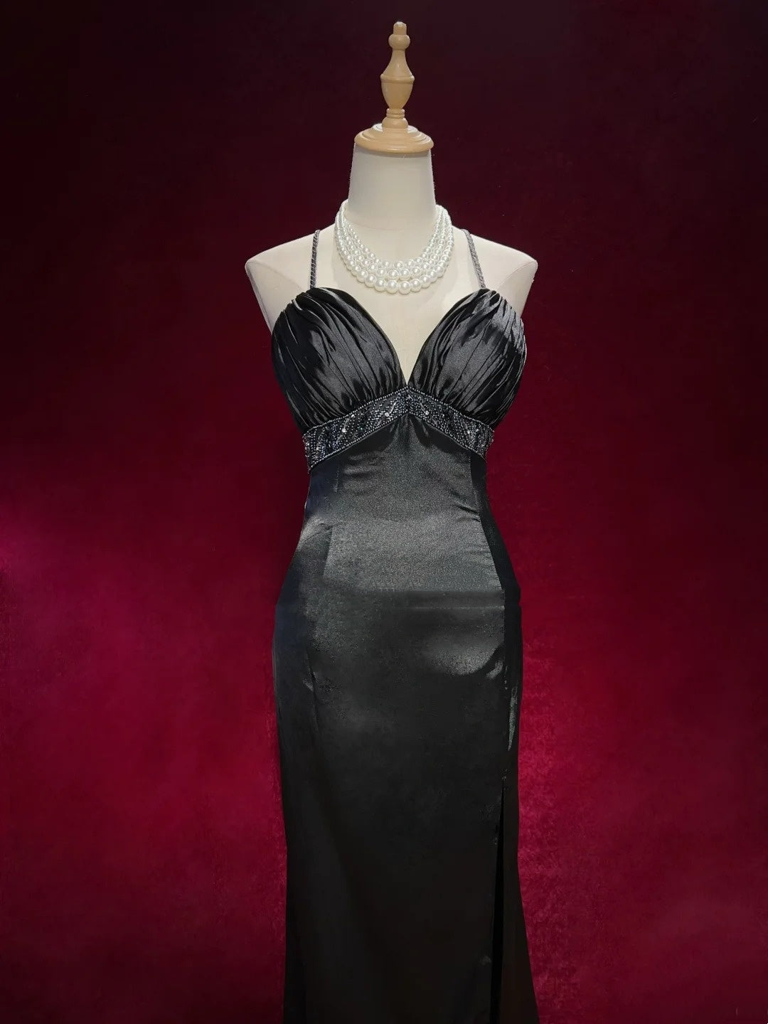 Robes de bal vintage Robe sirène à bretelles spaghetti Robe de soirée noire sans manches en taffetas Robe de soirée longue années 90 N2882