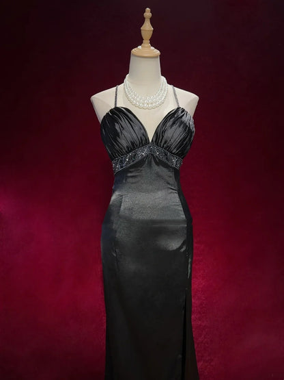Robes de bal vintage Robe sirène à bretelles spaghetti Robe de soirée noire sans manches en taffetas Robe de soirée longue années 90 N2882