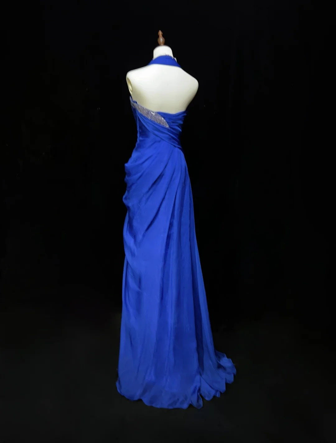 Vintage Prom Dresses 90s Sheath Halter Royal Blue Chiffon Long With Beading Evening Outfits N3137