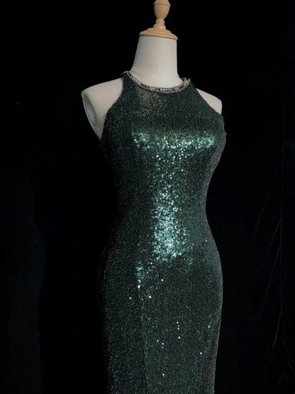 Robes de bal scintillantes Inspo Sirène Années 90 Col Bijou Vert Foncé Avec Fente Pour Femme Robe Formelle N3271