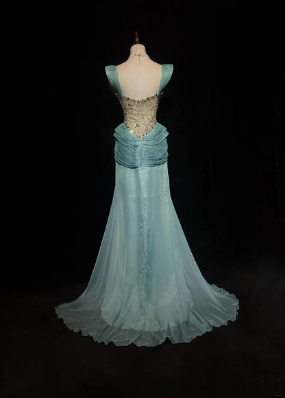 Vintage Prom Dresses Mermaid Strapless With Lace Pleated Beading Long Formal Dress N2462