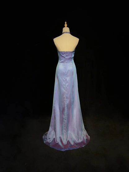 Elegante Abschlussballkleider A-Linie Neckholder Farbverlauf Traube Chiffon Mit Perlen Ärmelloses Langes Abendkleid N2894