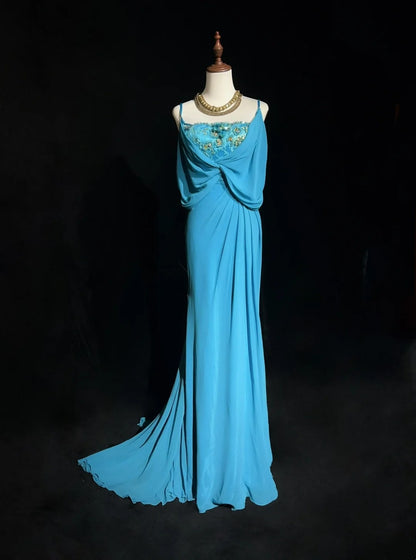 Gothic Glam Meerjungfrauen-Abschlussballkleider mit Spaghettiträgern, blauem Chiffon, ärmellos, mit Perlen, halb-formales Abendkleid N3819