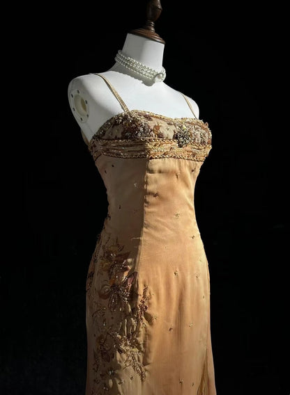 Gold Prom Dress Inspo A line Spaghetti Straps With Beading High Low Birthday Outfits Formal Party Gown RC0104