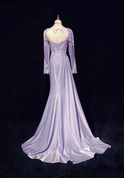 Vintage Prom Dresses 1960er Meerjungfrau Herz-Ausschnitt Flieder Mit Schlitz Langärmeliges Ballkleid N3100