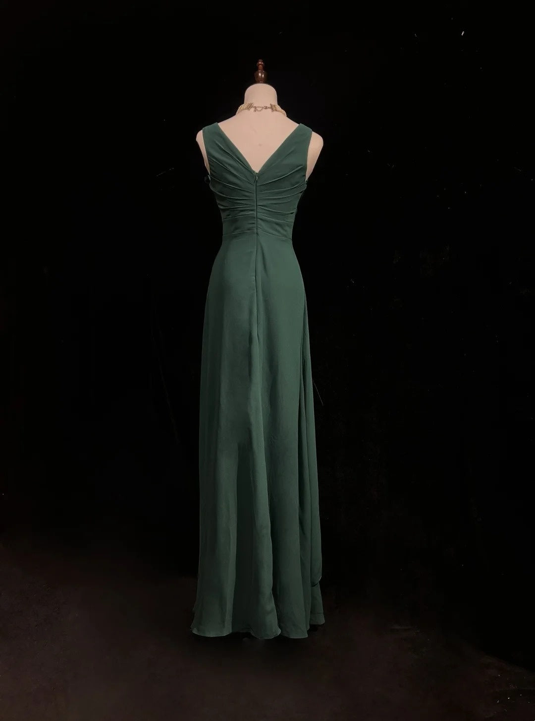 Robes de bal simples, ligne A, col en V, vert foncé, mousseline, longueur au sol, robe de soirée formelle à volants N3686