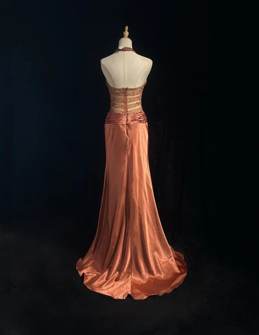 Vintage Y2K Meerjungfrau 2000er Jahre Staubiges Orange Ombre Kleid Farbverlauf Halter Neck Abendkleid Ballkleid N2571