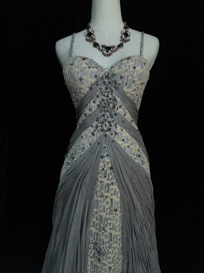 Inspiration Robes de bal vintage Sirène Bretelles fines Dentelle grise Années 90 Robes de soirée formelles pailletées en dentelle N3348
