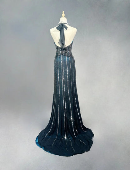 Vintage Ballkleider 1980er Meerjungfrau Neckholder Schwarz Chiffon mit Perlen Langes Ballkleid N3122