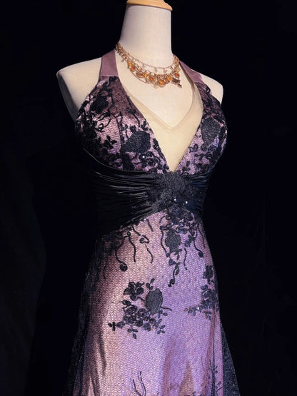 Vintage Prom Dresses Inspo A line Halter Pink Satin Black Lace With Backless For Women Formal Dress N3254