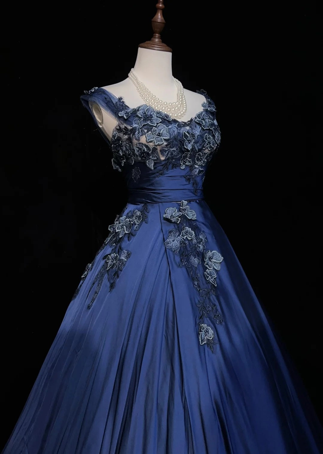 Robes de bal vintage pour le bal, bustier, en satin bleu marine avec applications, robe de soirée longue des années 90, N2658