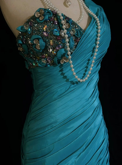 Robes de bal vintage Sirène Asymétrique Rétro Taffetas Bleu Perlé Années 90 Robe de Soirée Longue N2905