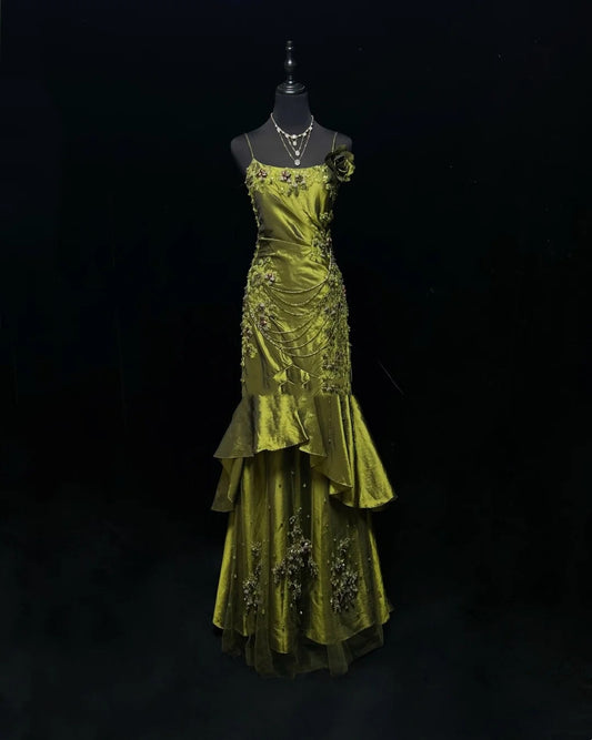 Vintage Meerjungfrau 2000er Spaghettiträger Olivgrün Satin Festliches Kleid Lange Ballkleider N2575