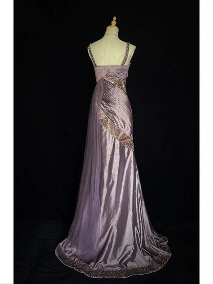 Inspiration Robes de bal vintage Sirène Bretelles fines Satin violet Années 90 avec Robes de soirée perlées N3350