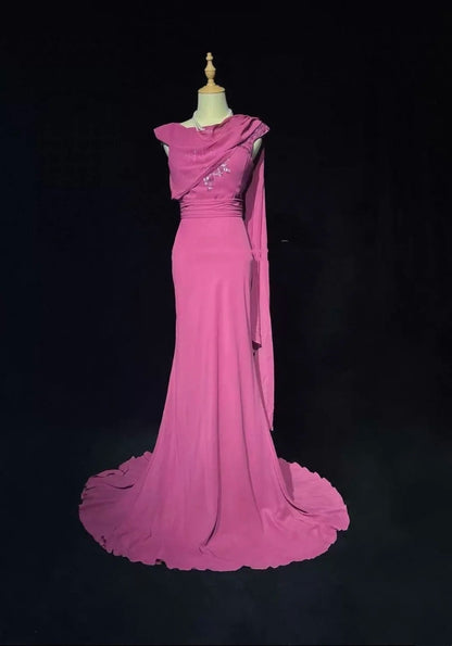 Robes de bal vintage Sirène Asymétrique Rose vif Mousseline sans manches Années 90 Longue Robe de soirée formelle N2638