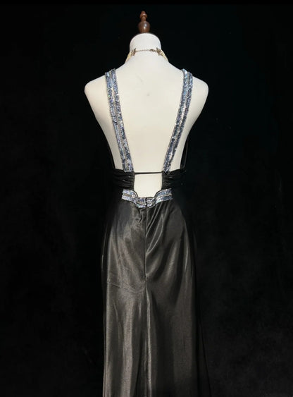Robes de bal vintage sirène col en V années 90 en satin avec perles longue robe de soirée formelle N2509