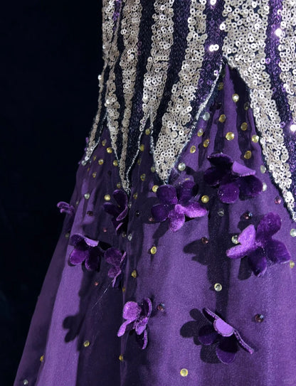 Glitzer-Abschlussballkleider Meerjungfrau Spaghetti-Träger Lila Chiffon Mit Blumen Langes Formelles Abendkleid N3893
