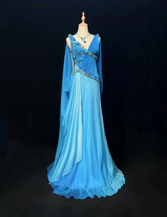 Vintage Meerjungfrau-Abschlussballkleider mit Farbverlauf, Königsblau, V-Ausschnitt mit Glitzer und Perlen, 80er Jahre Abendkleid RB3275