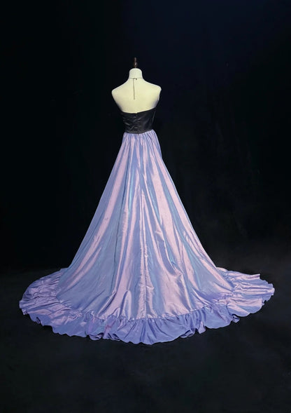 Vintage Prom Dresses High Low Strapless Lilac Black Satin 1990s Formal Evening Gown N2653