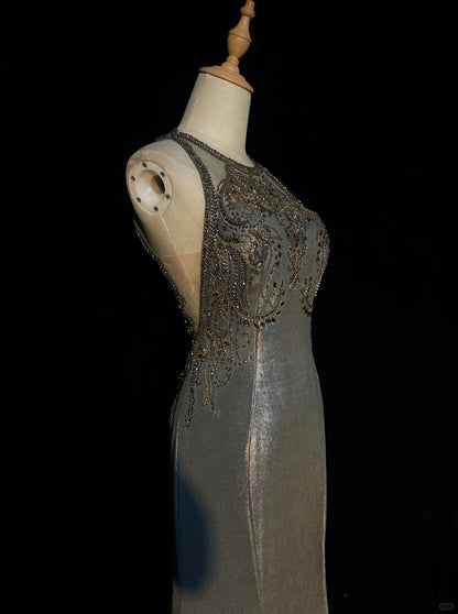Reizende Ballkleider Meerjungfrau Scoop Grau mit Perlen Lang Formelle Abendgarderobe N3689