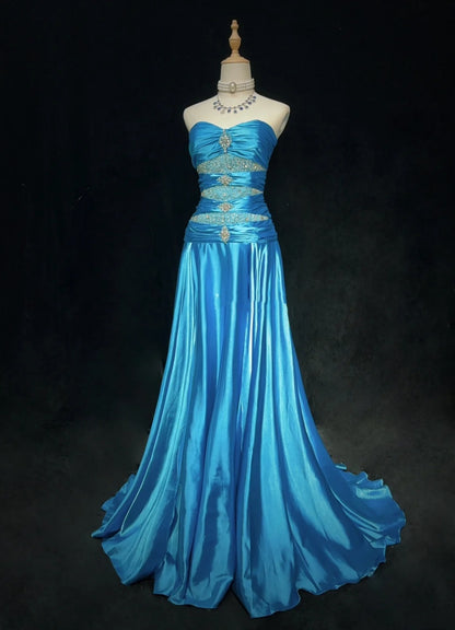Robes de bal modestes Inspo Sirène Col en cœur en satin bleu avec perles pour femmes Robe de soirée formelle N3213