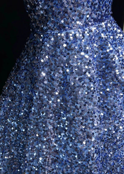 Jolie Robe de Bal Courte à Bretelles Fines Bleue Pailletée Robe de Soirée N2440