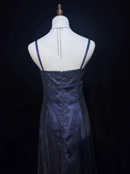 Robes de bal vintage en tulle bleu marine coupe trapèze avec bretelles spaghetti style années 80, ornées de perles, longues tenues de soirée formelles N3871