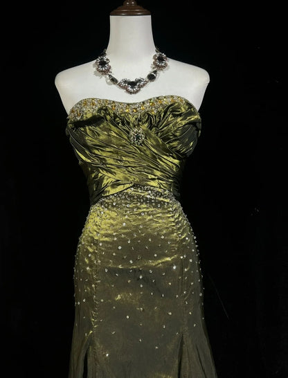 Robes de bal vintage des années 90, sirène, bustier, taffetas vert olive avec perles, longue robe de bal N3026