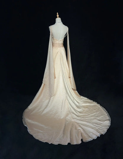 Robes de bal vintage en forme de A à bretelles spaghetti couleur champagne avec manches longues Robe de soirée années 90 N3001