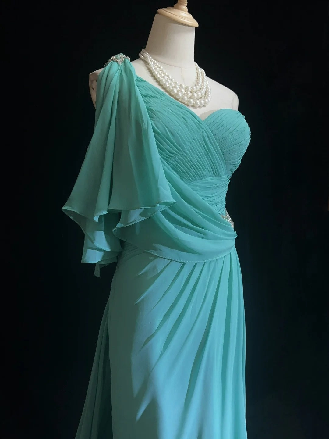 Vintage Abschlussballkleider Meerjungfrau One Shoulder Blau Chiffon 80er Lang Festliches Kleid N2758