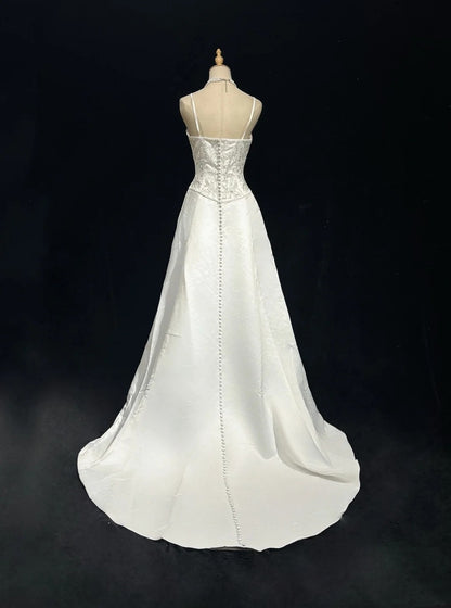 Vintage A line Spaghetti Strap Satin With Beads Sleeveless White Long Wedding Dresses RB3955