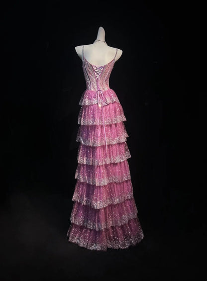 Vintage Prom-Kleider A-Linie Spaghettiträger Rosa Spitze 80er Jahre Mit Stufenrock Lange Formelle Abendkleider N4207