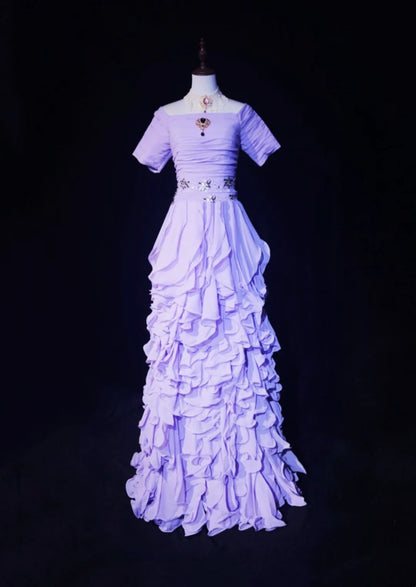 Vintage Prom Dresses A line Off The Shoulder Lilac Layers With Ruffles Short Sleeves Long Formal Dress N2511