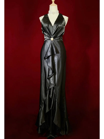 Wunderschöne Abschlussballkleider Meerjungfrau V-Ausschnitt Black Tie Kleid Satin mit Rüschen-Oberteil Lange Abendgarderobe N3368