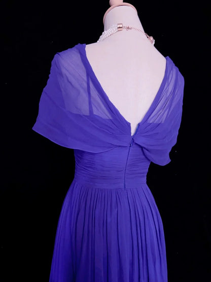Bescheidene Abschlussballkleider A-Linie Spaghettiträger Royalblau Chiffon Ärmelloses Festliches Abendkleid N3844
