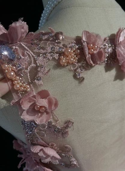 Vintage Prom Dresses A line V Neck Pink Chiffon 70s With 3D Flowers Beading Long Formal Gown N2528