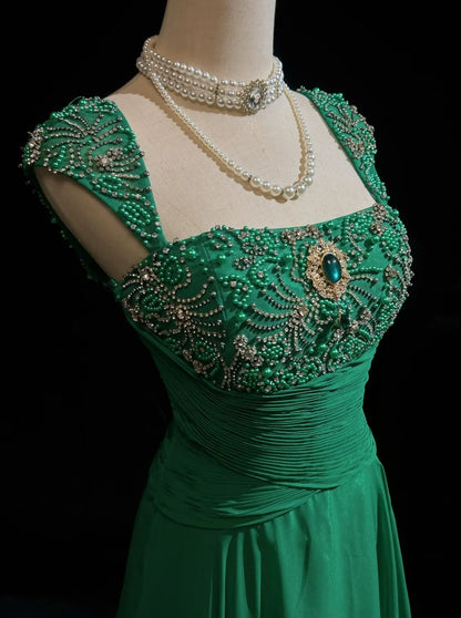 Robes Esthétiques de Bal Vintage Ligne A sans Bretelles en Mousseline Verte avec Perles Longue Robe de Soirée N3027