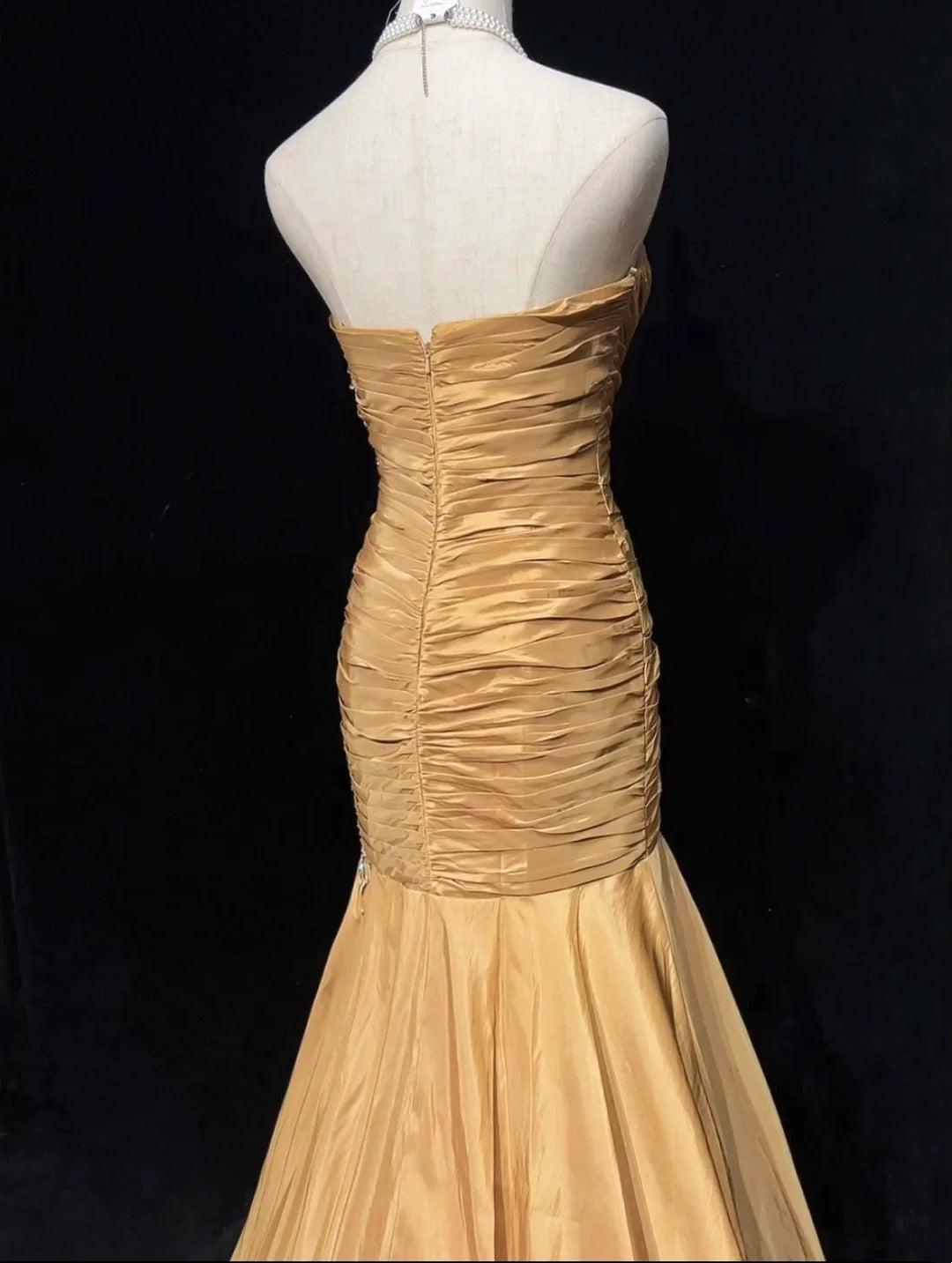 Vintage Prom Dresses Mermaid Spaghetti Strap Gold Satin With Beads Appliques Floor Length 80s Formal Gown N2584