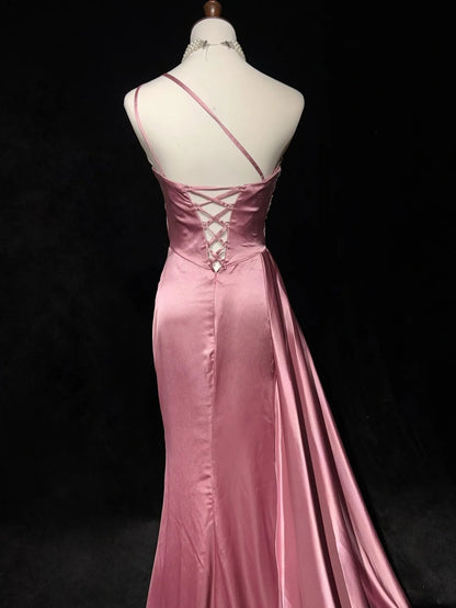 Robes de bal vintage, inspiration sirène, asymétrique, satin avec perles, fente, robe de soirée longue années 80 N2735