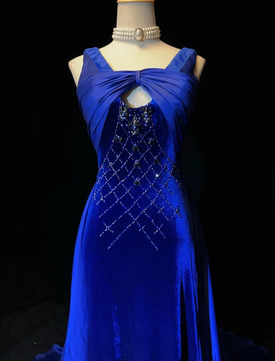 Vintage Ballkleider Meerjungfrau Königlich Blau Samt Ärmellos Mit Perlen 90er Lang Formelles Kleid N2902
