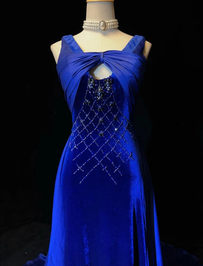 Vintage Ballkleider Meerjungfrau Königlich Blau Samt Ärmellos Mit Perlen 90er Lang Formelles Kleid N2902