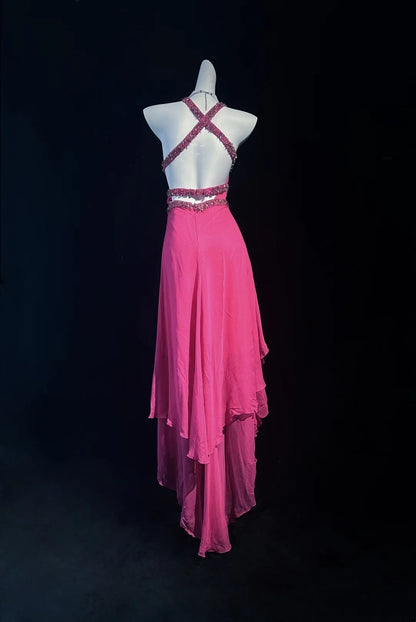 Robes de bal en mousseline rose coupe haute-basse licou longueur thé avec perles Tenues de soirée formelles RB3951